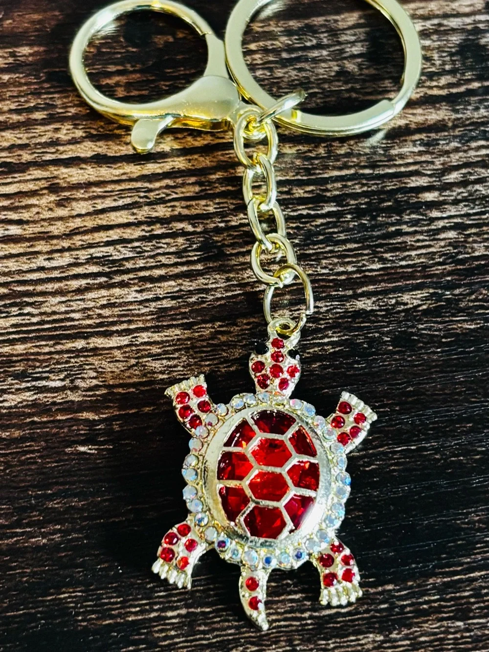Red Crystal Rhinestone Turtle Keychain with Gold-Tone‎ Hardware